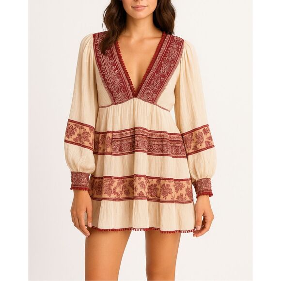 Free Peope My Love Balloon Sleeve Mixed Print V Neck Long  Sleeve Small - Picture 1 of 13